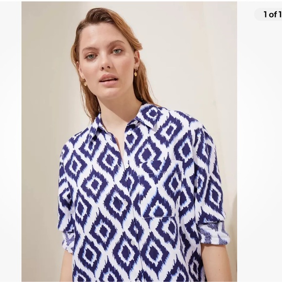 M & S PURE LINEN BLUE & WHITE ABSTRACT OVERSIZED COLLARED LONG SLEEVE BLOUSE - Picture 9 of 9